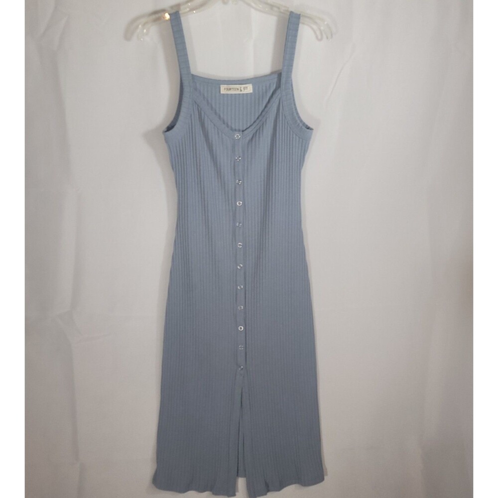 Fourteen & 9th Dusty Blue Snap Front Ribbed Dress With Straps, Medium